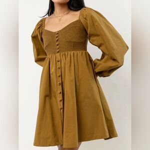 ALAMIA Off Shoulder Long Puff Sleeve Peasant Olive Green Mini Dress size S